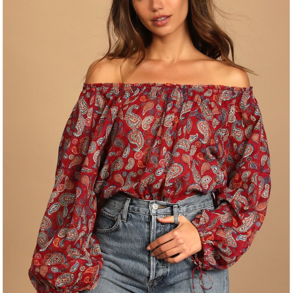 NWT Free People Intimately Red Paisley Long Puff Sleeve Bohemian Bodysut Size S